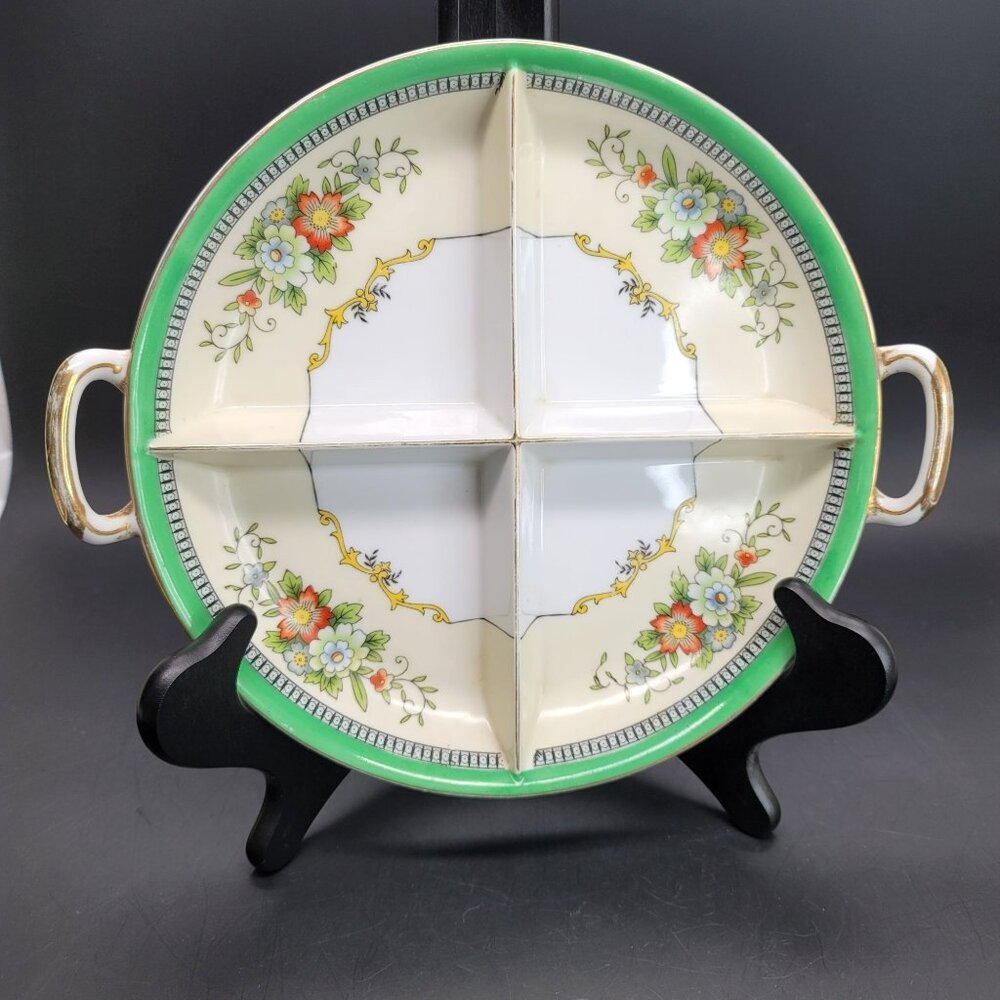Noritake Roseara Divided Dish 4 Part Handled Green Yellow China Plate CR13